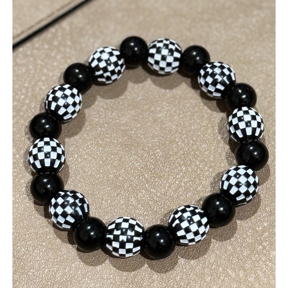 Black White Harlequin Beaded Stretch Bracelet Checkerboard Retro Goth